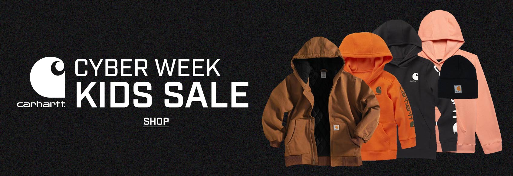 Cyber Week Sale with 4 Carhartt kids products on a dark background.