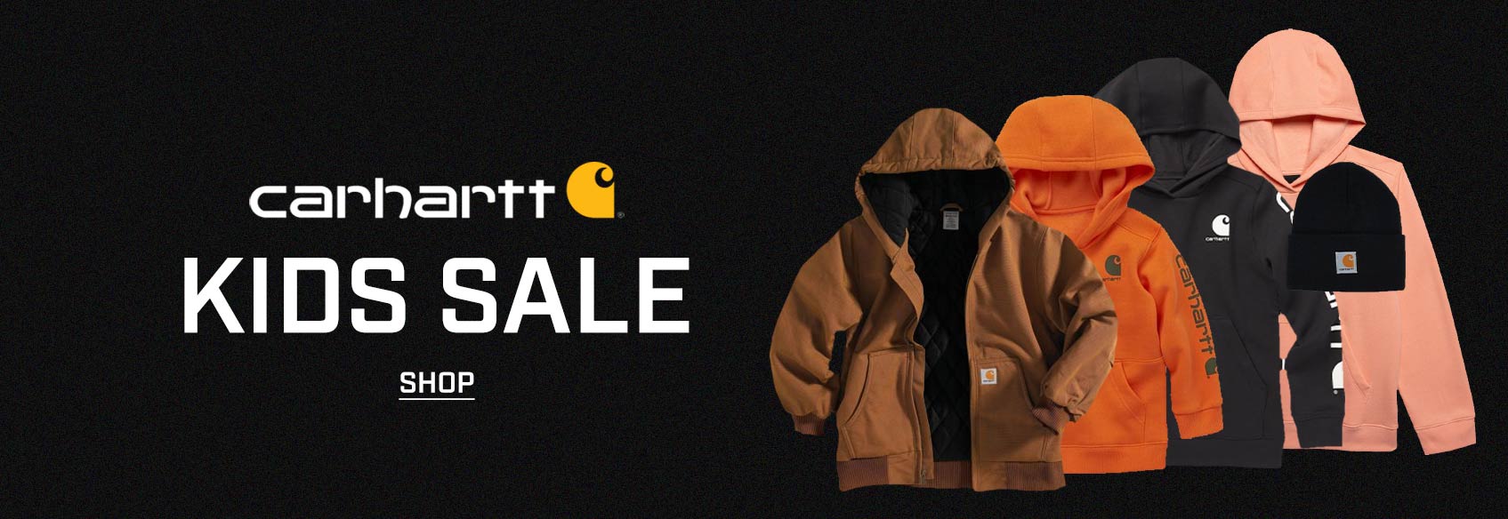 3 Carhartt kid's products on a black background.