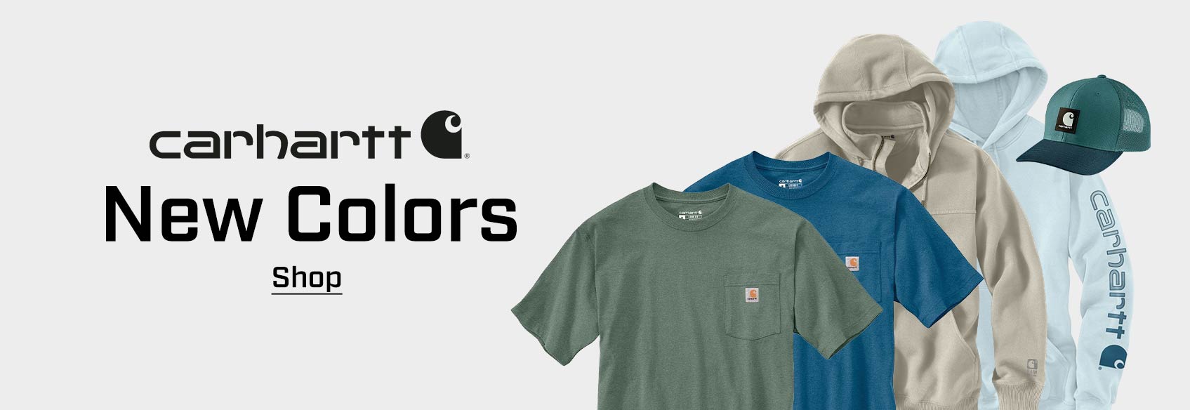 Various Carhartt products flats in new spring 2026 colors on a white background