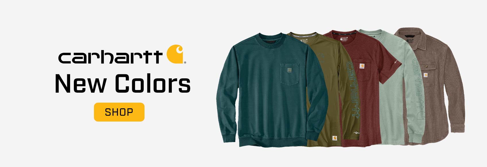 4 Carhartt shirts of various styles in different fall colors. 