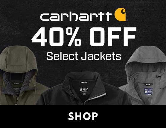 Three Carhartt jacket flats on a black background with 40% off in the header. 