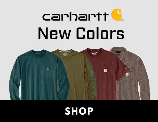 4 Carhartt shirts of various styles in different fall colors. 