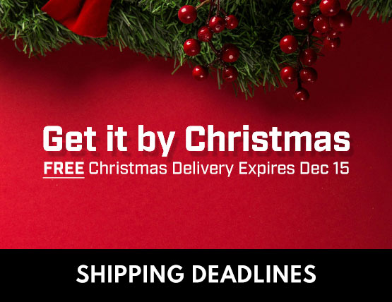 Get it by Christmas Christmas holly on a red background with a shipping deadlines button