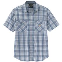 Steel Blue Relaxed Fit Lightweight Snap Front Short Sleeve Plaid Shirt