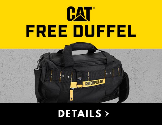 A black CAT duffel bag on a gray and yellow background. 