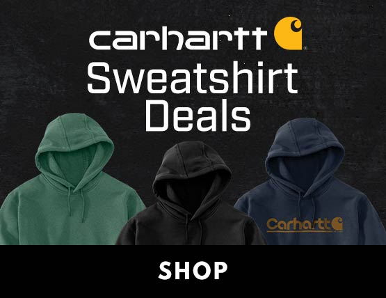 Four Carhartt black friday sweatshirts on a black background. 