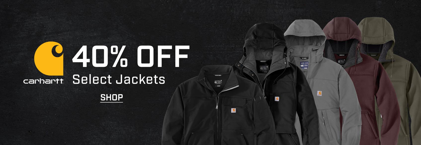 Three Carhartt jacket flats on a black background with 40% off in the header. 