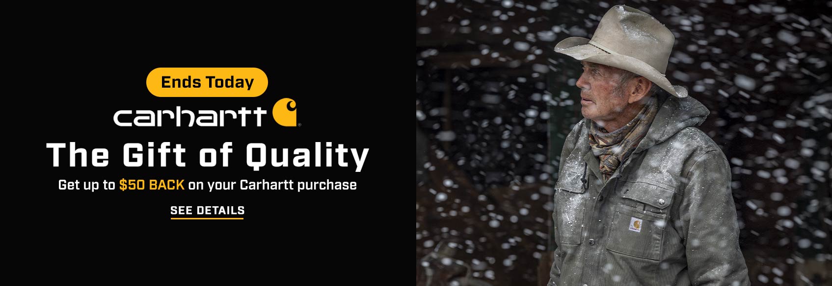 Carhartt Gift of Quality Promotion Ends Today A man in the snow wearing durable Carhartt gear