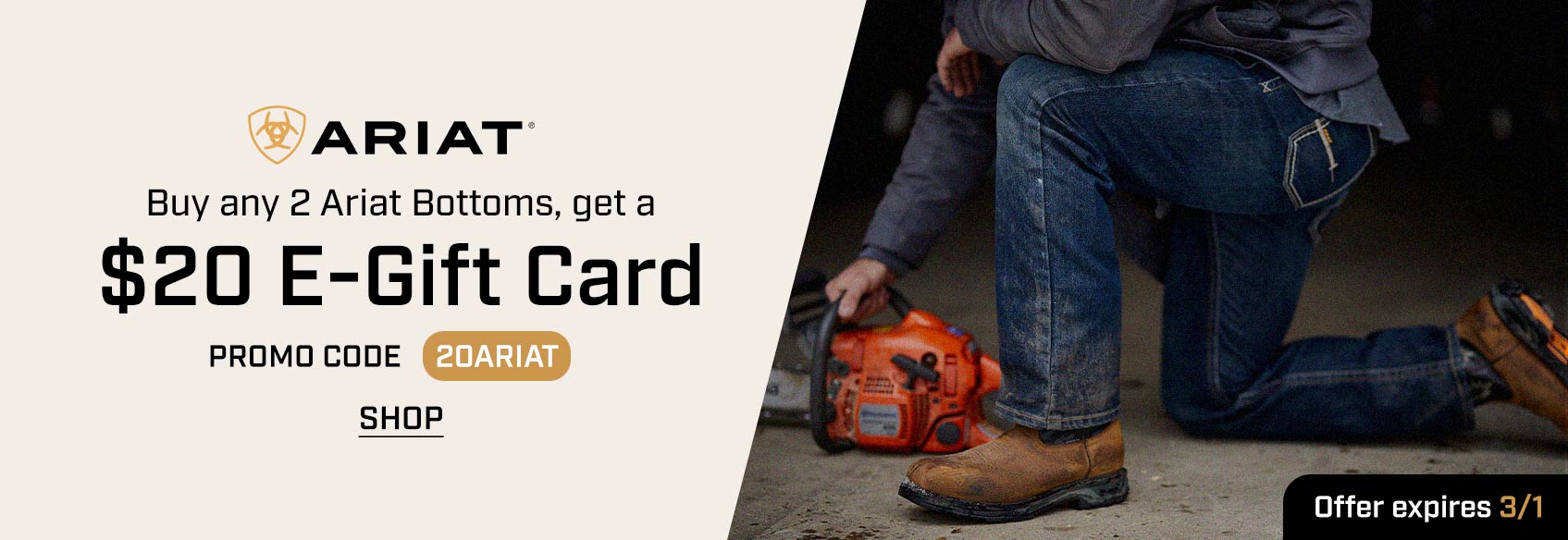 Ariat Pants Promotion A man wearing Ariat jeans kneeling down on a concrete floor.