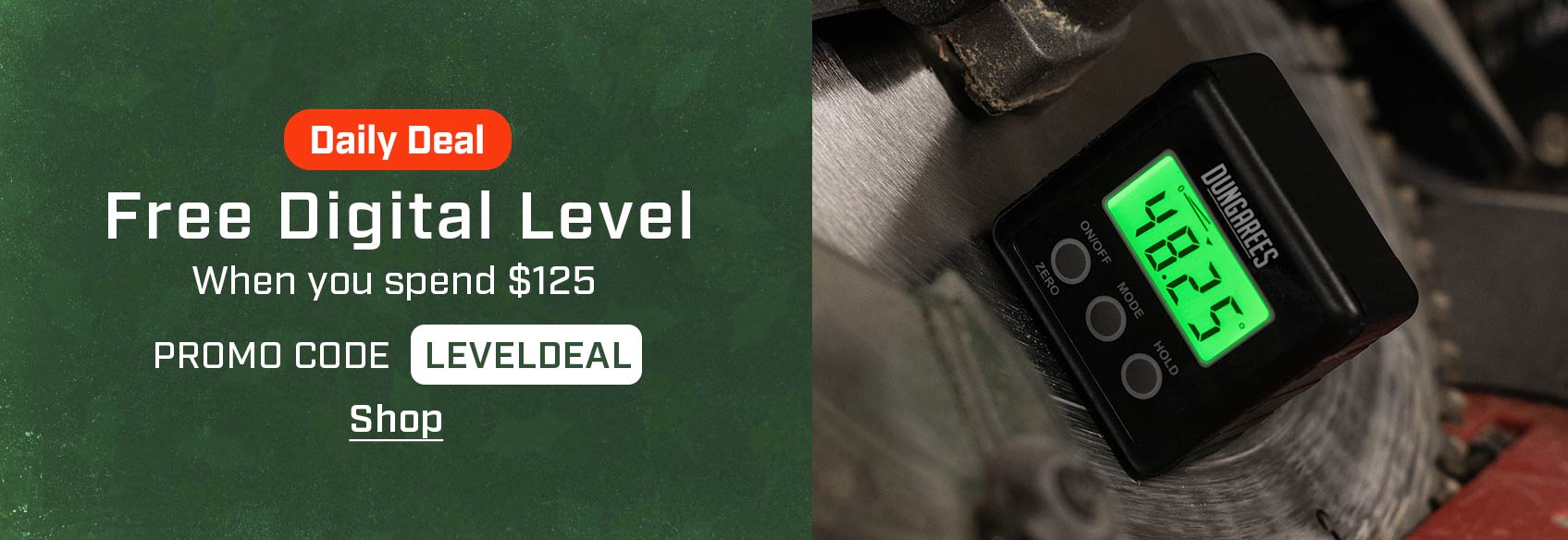 Free Digital Level with $125 Purchase A black digital level on a green background.