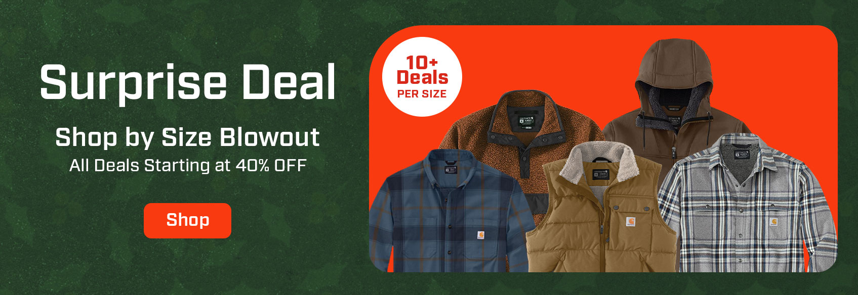 Today's Deal 5 Carhartt products inside a red container with a shop by size header.