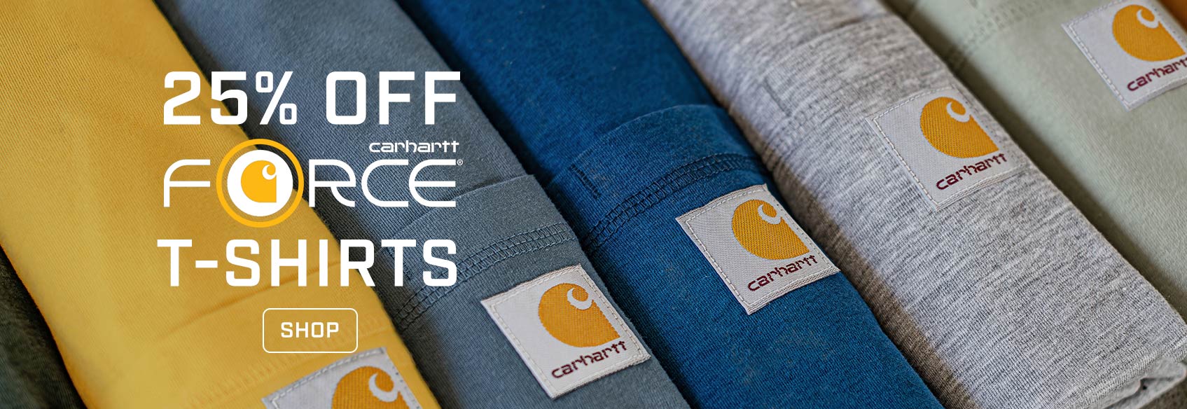 Carhartt Force t-shirts folded and stacked on one another. 
