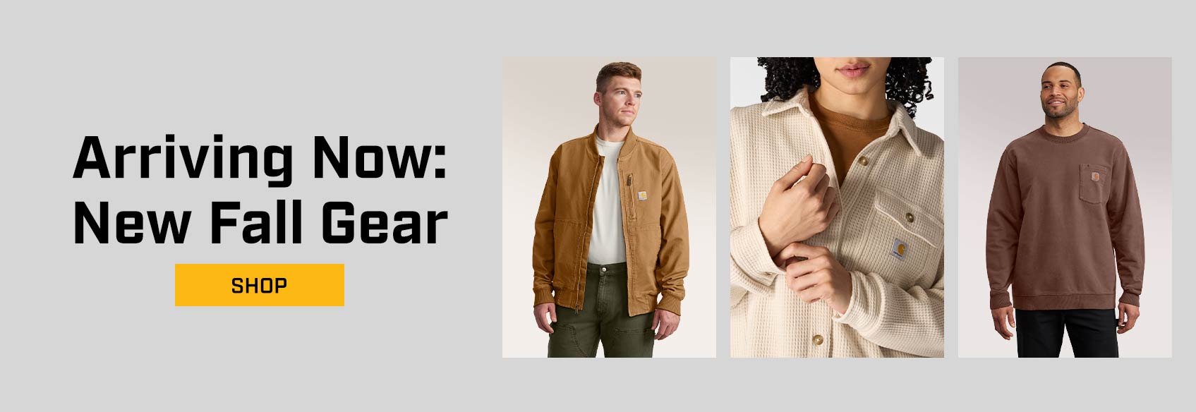 Three panels of new Carhartt products on models on a gray background