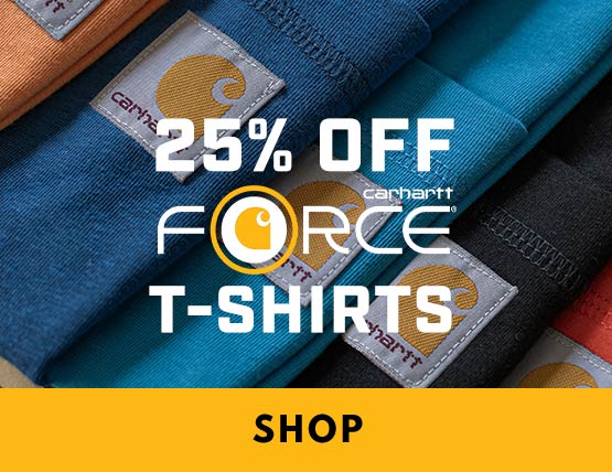Many bright color Carhartt Force t-shirt folded over a ladder. 