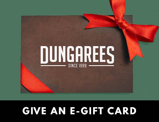 A Dungarees gift card wrapped in a red ribbon. 