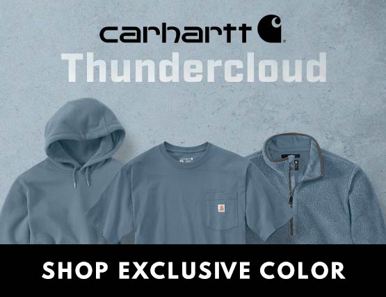 3 Carhartt products on a blue background featuring the Thundercloud color. 