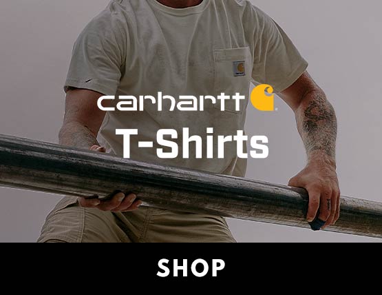 A man holding a large pipe wearing a Carhartt t-shirt.